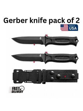Gerber Gear Strong Arm - Fixed Blade,  Tang Knife - Black, Plain Edge pack  of 2